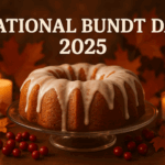Glazed Bundt cake on a glass stand surrounded by autumn leaves, cranberries, and candles for National Bundt Day 2025.