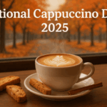 A steaming cappuccino with latte art sits by a window showing orange and red autumn trees outside.