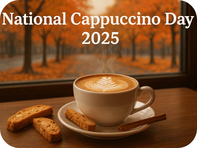 A steaming cappuccino with latte art sits by a window showing orange and red autumn trees outside.