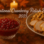 A crystal bowl filled with glossy cranberry relish sits on an autumn-themed table next to a plate of sliced turkey and stuffing, with warm candlelight and fall décor in the background.