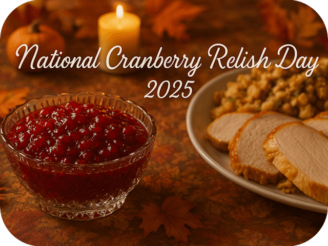 A crystal bowl filled with glossy cranberry relish sits on an autumn-themed table next to a plate of sliced turkey and stuffing, with warm candlelight and fall décor in the background.