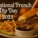 Hyper-real close-up of a French-dip sandwich being dunked into au jus, golden fries and pickle spear on a plate.