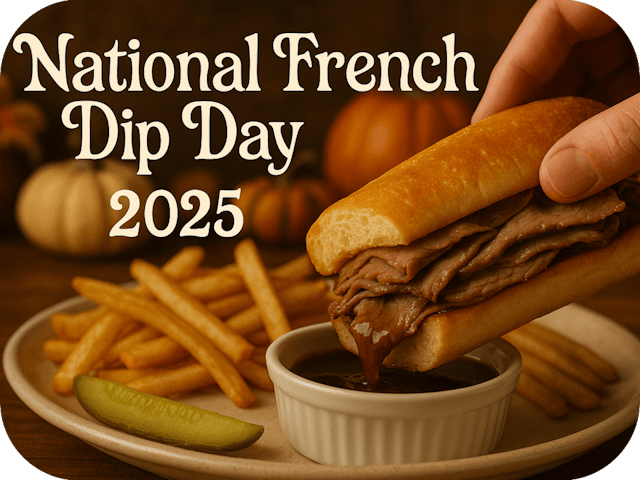 Hyper-real close-up of a French-dip sandwich being dunked into au jus, golden fries and pickle spear on a plate.