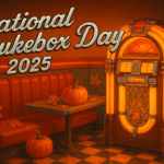 A retro 1950s diner scene with a glowing neon jukebox and a red vinyl booth decorated with pumpkins and autumn leaves for National Jukebox Day 2025.