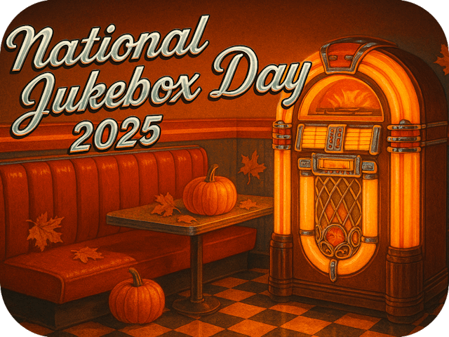 A retro 1950s diner scene with a glowing neon jukebox and a red vinyl booth decorated with pumpkins and autumn leaves for National Jukebox Day 2025.