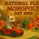 A terrier drives a red toy car while chewing a boot, passing green cabins and red buildings toward a GO arrow erupting with colorful tokens.