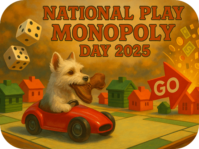 A terrier drives a red toy car while chewing a boot, passing green cabins and red buildings toward a GO arrow erupting with colorful tokens.