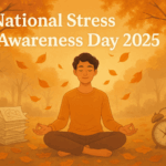 Person meditating calmly in an autumn park with golden leaves and fading symbols of stress