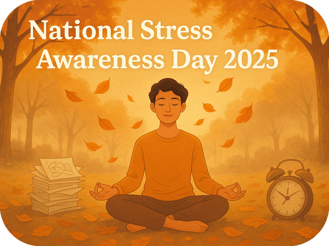 Person meditating calmly in an autumn park with golden leaves and fading symbols of stress