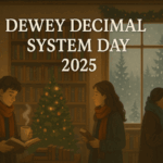 A warmly lit winter library scene with tall bookshelves, a decorated Christmas tree, frosted windows revealing snowy pine trees, and three patrons in scarves browsing books while holding steaming mugs of cocoa. Centered text at the top reads “Dewey Decimal System Day 2025.”