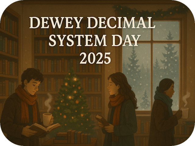 A warmly lit winter library scene with tall bookshelves, a decorated Christmas tree, frosted windows revealing snowy pine trees, and three patrons in scarves browsing books while holding steaming mugs of cocoa. Centered text at the top reads βDewey Decimal System Day 2025.β