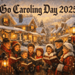 A Rockwellian winter street scene of neighbors bundled in scarves and coats singing Christmas carols by lantern light beneath snowy rooftops, with warmly lit homes decorated in wreaths and garlands, titled “Go Caroling Day 2025.”