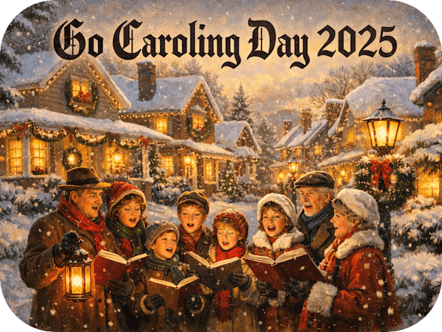 A Rockwellian winter street scene of neighbors bundled in scarves and coats singing Christmas carols by lantern light beneath snowy rooftops, with warmly lit homes decorated in wreaths and garlands, titled “Go Caroling Day 2025.”