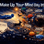 Surreal cosmic illustration showing a blue metallic figure flying from a torn “December 2025” calendar toward a glowing vortex labeled “2026,” with film strips, animals, hearts, brains and the title “Make Up Your Mind Day 2025” in bright metallic lettering.