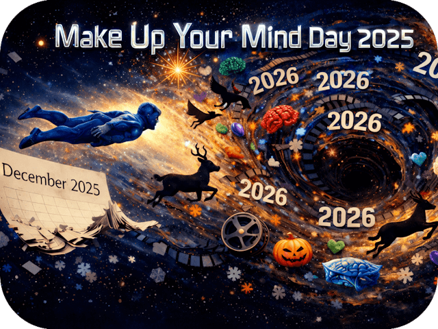 Surreal cosmic illustration showing a blue metallic figure flying from a torn “December 2025” calendar toward a glowing vortex labeled “2026,” with film strips, animals, hearts, brains and the title “Make Up Your Mind Day 2025” in bright metallic lettering.