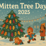 A cozy, cartoon-style snowy town square with a pine tree covered in colorful knitted mittens. Children play happily nearby while adults watch with warm drinks, holiday lights glowing behind them. The header text reads “Mitten Tree Day 2025.”