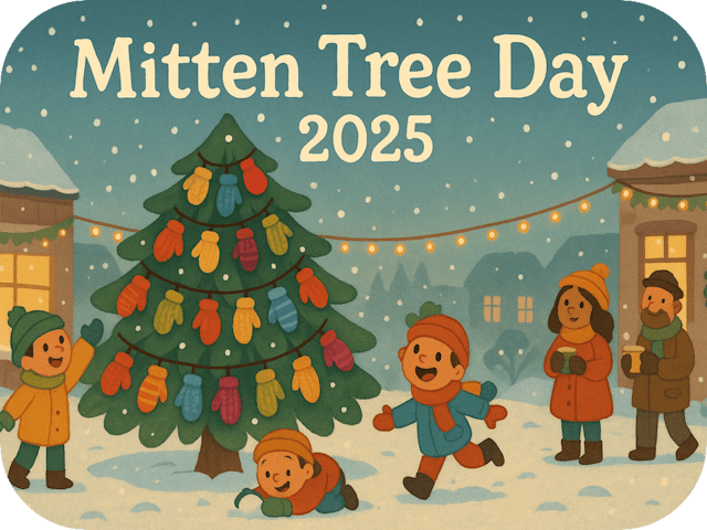 A cozy, cartoon-style snowy town square with a pine tree covered in colorful knitted mittens. Children play happily nearby while adults watch with warm drinks, holiday lights glowing behind them. The header text reads βMitten Tree Day 2025.β