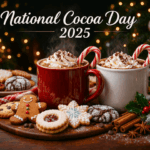 Steaming mugs of hot cocoa topped with whipped cream and candy canes sit among assorted holiday cookies and holly, with a glowing Christmas tree in the background. The header text reads “National Cocoa Day 2025.”
