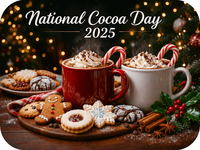 Steaming mugs of hot cocoa topped with whipped cream and candy canes sit among assorted holiday cookies and holly, with a glowing Christmas tree in the background. The header text reads βNational Cocoa Day 2025.β