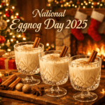 Three crystal glasses of eggnog topped with cinnamon sit on a Christmas Eve table before a glowing fireplace and decorated tree.