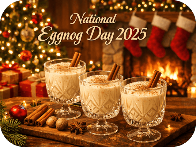 Three crystal glasses of eggnog topped with cinnamon sit on a Christmas Eve table before a glowing fireplace and decorated tree.