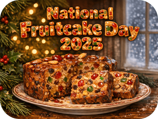 Fruitcake sliced on a festive plate with holiday greenery and glowing lights, beneath a “National Fruitcake Day 2025” header styled as fruitcake letter cutouts.