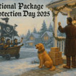 A man in winter pajamas stands on his snowy porch shaking his fist at a wheeled pirate ship full of taunting pirates. A golden retriever and stacked packages sit beside him under Christmas lights.