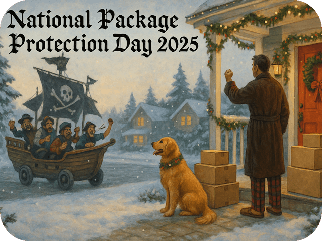 A man in winter pajamas stands on his snowy porch shaking his fist at a wheeled pirate ship full of taunting pirates. A golden retriever and stacked packages sit beside him under Christmas lights.