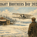 Vintage-style illustration of the Wright Flyer lifting off from a snowy airfield as the Wright brothers watch, with pine trees and a festively decorated hangar in the background beneath the headline “Wright Brothers Day 2025.”