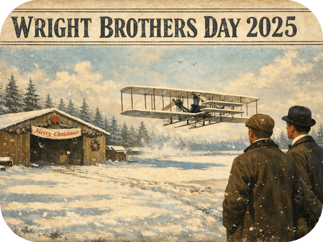 Vintage-style illustration of the Wright Flyer lifting off from a snowy airfield as the Wright brothers watch, with pine trees and a festively decorated hangar in the background beneath the headline “Wright Brothers Day 2025.”