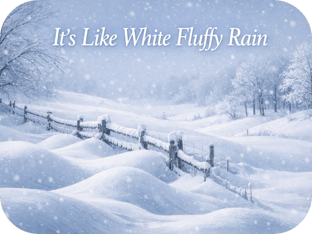 Wind-sculpted snow drifts curve around a fence and bare trees as light snow falls across a quiet winter landscape.