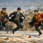 Edwardian lords in formal suits and dress uniforms leap across a snow-dusted croquet lawn before a festively decorated country estate.