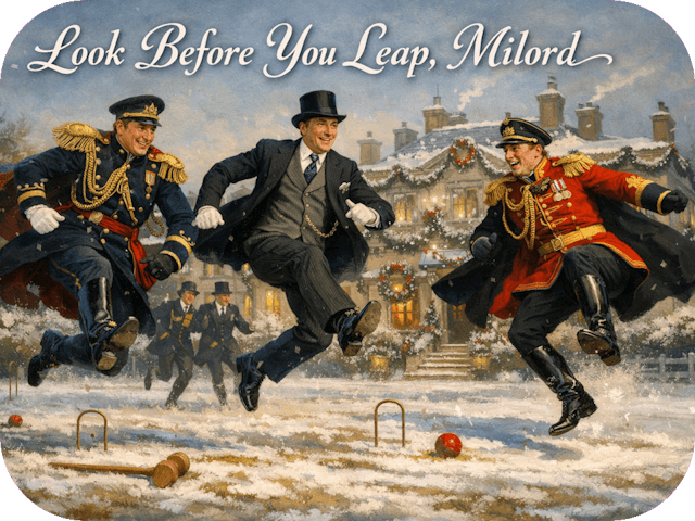 Edwardian lords in formal suits and dress uniforms leap across a snow-dusted croquet lawn before a festively decorated country estate.