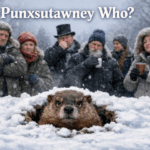 Groundhog emerging from a snowy burrow as bundled onlookers watch skeptically on a winter day.