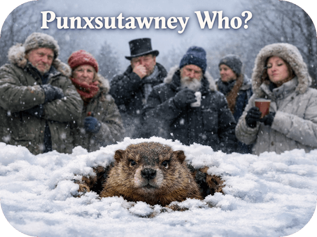 Groundhog emerging from a snowy burrow as bundled onlookers watch skeptically on a winter day.