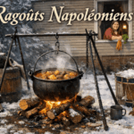 Cast-iron stew pot hanging over an open fire in a snowy backyard Napoleonic reenactment, with a modern woman offering carrots from a house window.