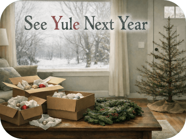 A quiet winter living room with Christmas ornaments packed into boxes, folded garlands on a table, and a bare pine tree by the door beneath the words “See Yule Next Year,” with snow-covered trees visible through the window.