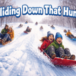 People sledding downhill on a snowy winter slope, laughing as they race toward the bottom.