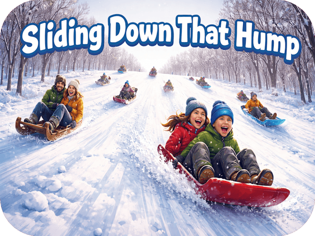 People sledding downhill on a snowy winter slope, laughing as they race toward the bottom.