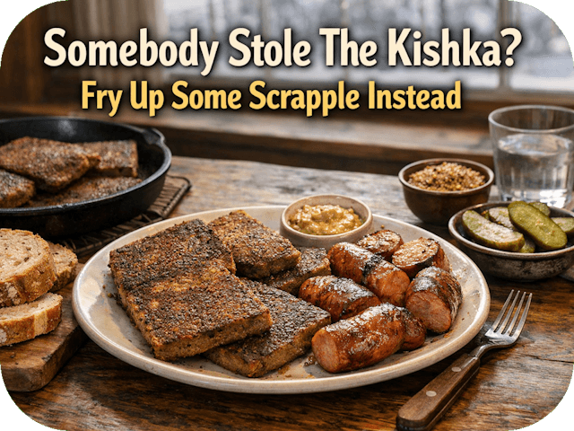 A hearty winter lunch of crispy scrapple and browned kielbasa served with mustard, pickles, and rustic bread on a wooden table, with a warm cast-iron skillet nearby in cool January daylight.