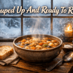 Steaming bowl of hearty vegetable soup on a wooden table beside frosted windows, glowing warmly against a cold January backdrop.