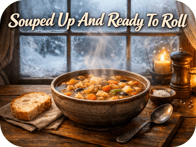 Steaming bowl of hearty vegetable soup on a wooden table beside frosted windows, glowing warmly against a cold January backdrop.