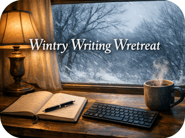 A cozy winter writing desk by a window, with a notebook, pen, keyboard, and steaming mug, warm lamplight inside contrasting with icy wind and bare trees outside.