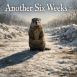 A groundhog stands in dirty late-winter snow, casting a long shadow under the header text βAnother Six Weeks.β