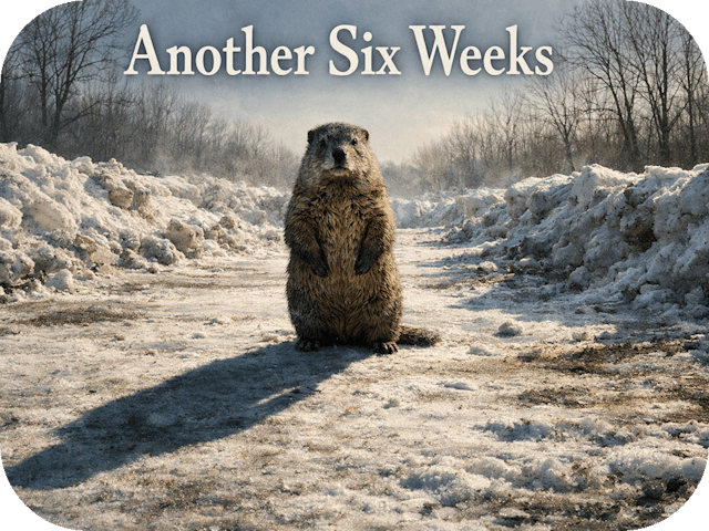 A groundhog stands in dirty late-winter snow, casting a long shadow under the header text “Another Six Weeks.”