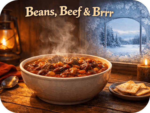 Steaming bowl of hearty chili on a rustic wooden table beside a frosted window, warm interior glow contrasting with snowy winter scene outside, header reads “Beans, Beef & Brrr.”