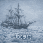 A frost-covered 19th-century sailing ship trapped in Arctic pack ice beneath a pale, frozen sky, with the caption “Beset” in icy fraktur lettering.