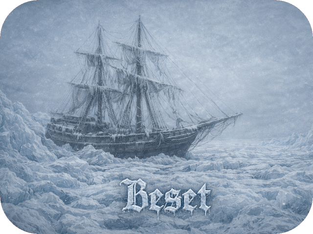 A frost-covered 19th-century sailing ship trapped in Arctic pack ice beneath a pale, frozen sky, with the caption “Beset” in icy fraktur lettering.