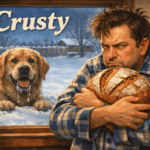 Grumpy pajama-clad man hugs a round crusty loaf inside a warm house while a drooling dog stands on refrozen snow outside the window.