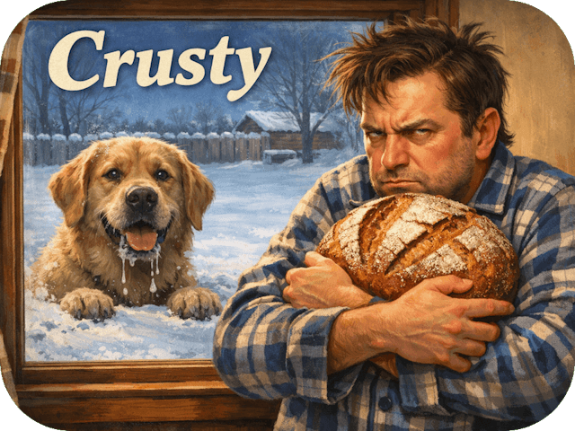 Grumpy pajama-clad man hugs a round crusty loaf inside a warm house while a drooling dog stands on refrozen snow outside the window.